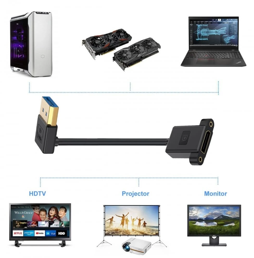 Displayport 1.4 prailginimo laidas su kampu, 8k 60hz, 4k 144hz, 30cm
