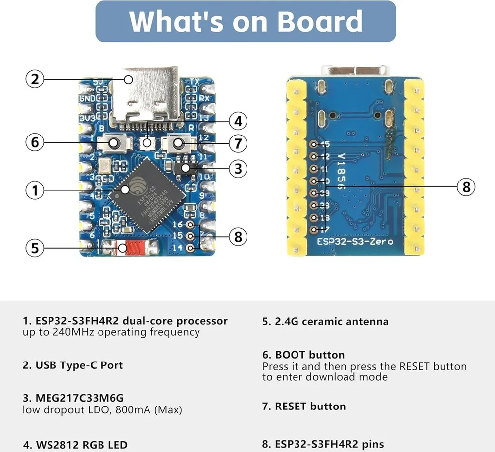 Diymore Esp32-s3 mini kūrimo plokštė, esp32 mini pagrįsta esp32-s3fh4r2 dviejų branduolių procesoriumi, pagrindinis dažnis 240 mhz, 2,4 ghz wifi bt, 3 vnt.