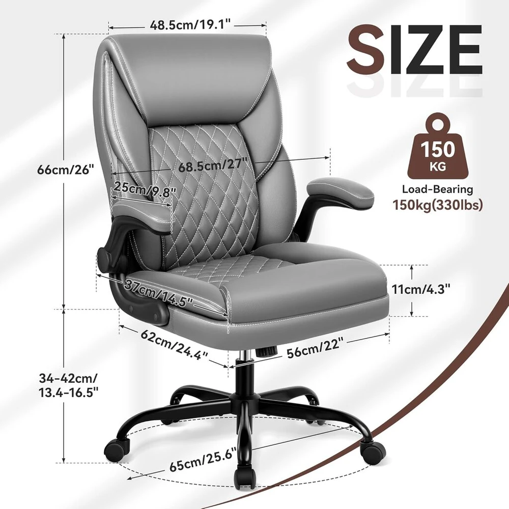 Dochair ergonomiška biuro kėdė su siūbavimo funkcija, reguliuojamo aukščio rašomojo stalo kėdė, dirbtinė oda, 150 kg, pilka