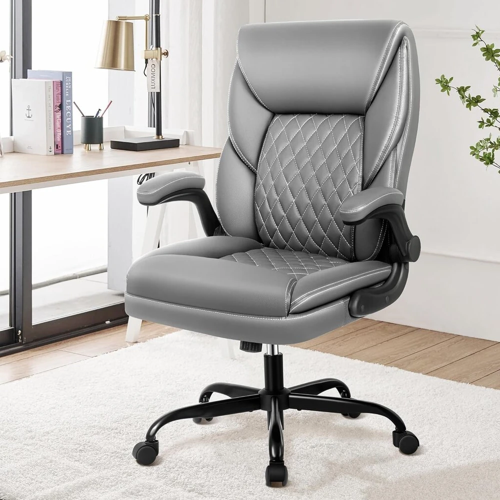 Dochair ergonomiška biuro kėdė su siūbavimo funkcija, reguliuojamo aukščio rašomojo stalo kėdė, dirbtinė oda, 150 kg, pilka