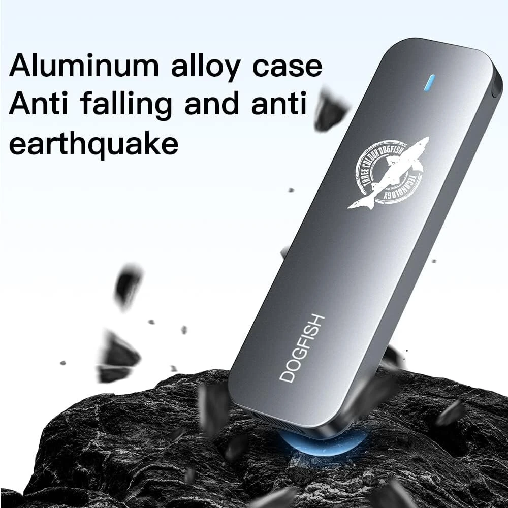 Kietasis diskas Dogfish nešiojamas išorinis ssd 2tb ngff 2242/2260/2280 pilkas metalinis usb 3.1 type-c itin lengvas išorinis mini kvėpuojantis ssd, skirtas mac/windows/android/linux (iki 6 gbps, su led)