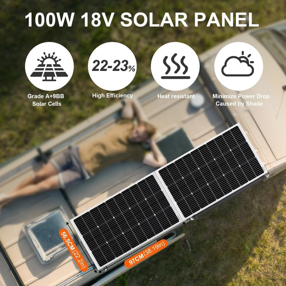 Dokio saulės baterija 100 W 2 vnt. (200 W) 18 V monokristalinė (aukštos kokybės) skirta 12 V automobilio akumuliatoriui, Agm, geliniam akumuliatoriui, idealiai tinka kemperiui, stovyklavimui, sodo nameliui