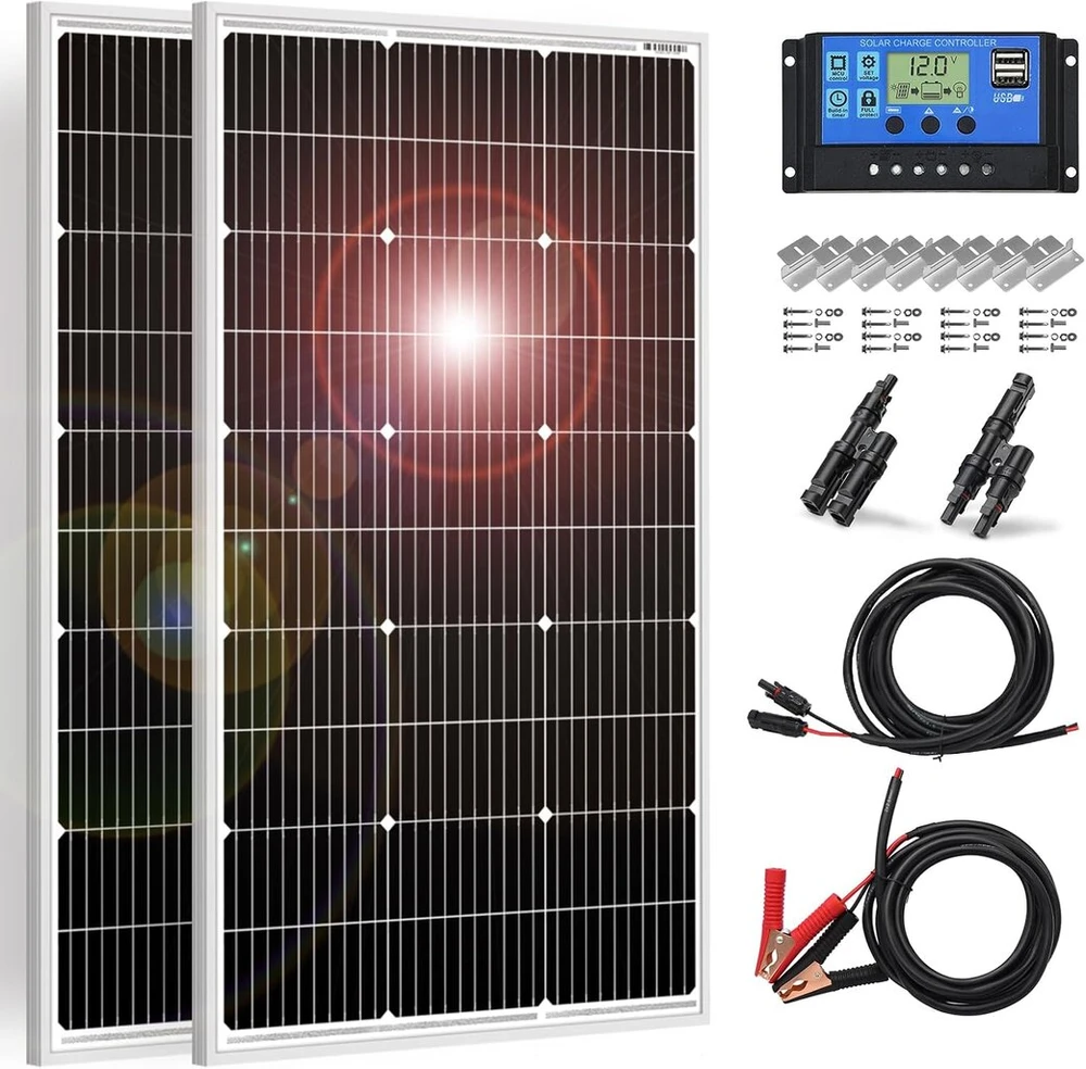 Dokio saulės baterija 100 W 2 vnt. (200 W) 18 V monokristalinė (aukštos kokybės) skirta 12 V automobilio akumuliatoriui, Agm, geliniam akumuliatoriui, idealiai tinka kemperiui, stovyklavimui, sodo nameliui