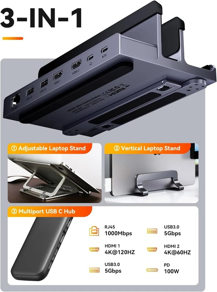Dokų stotelė su 2 Hdmi, 100w Pd, 7-in-1 Usb-c