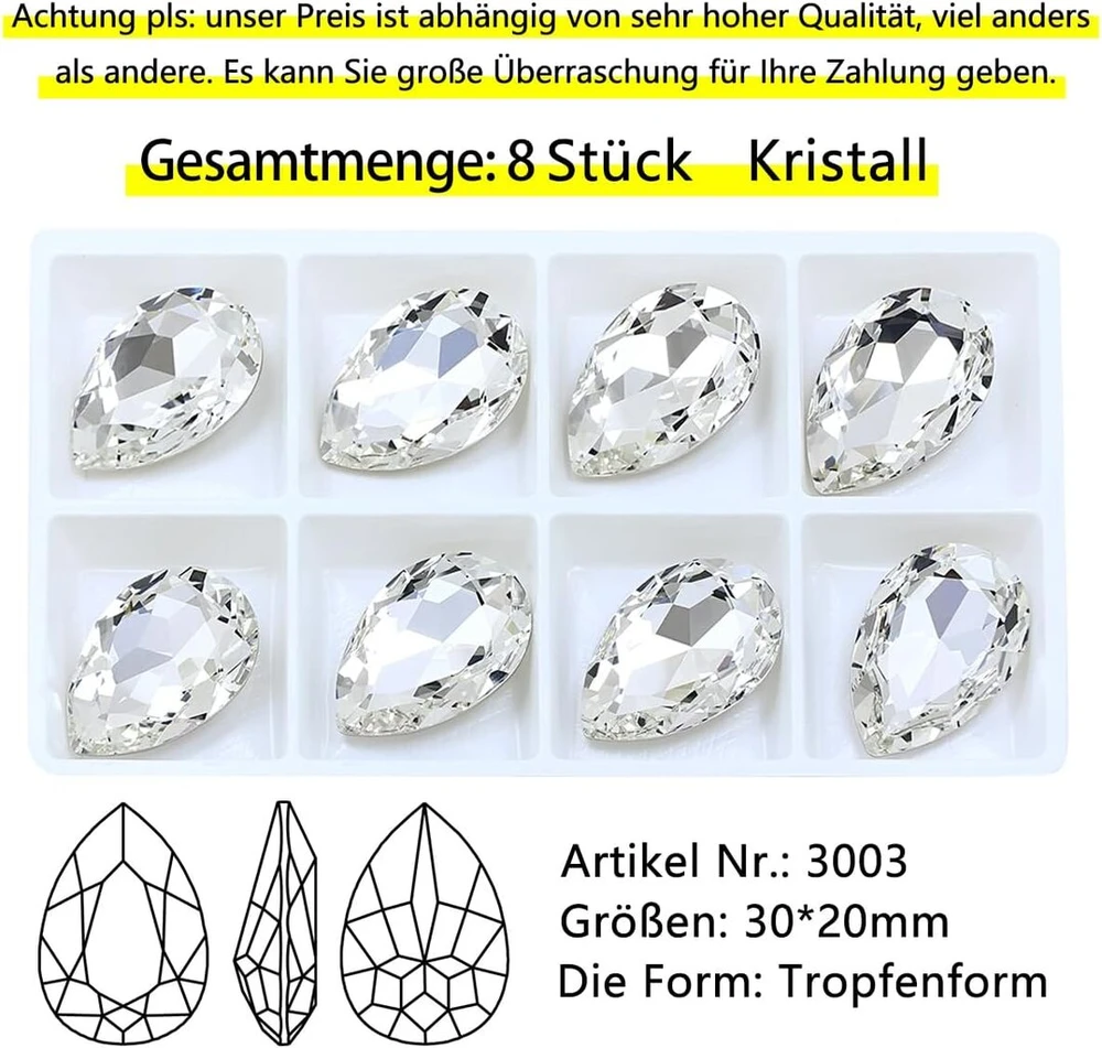 Dongzhou Pointback krištolo lašo formos dideli cirkonio blizgučiai akmenys amatams stiklo brangakmeniai papuošalų gamybai batams suknelėms 30x20mm 8vnt