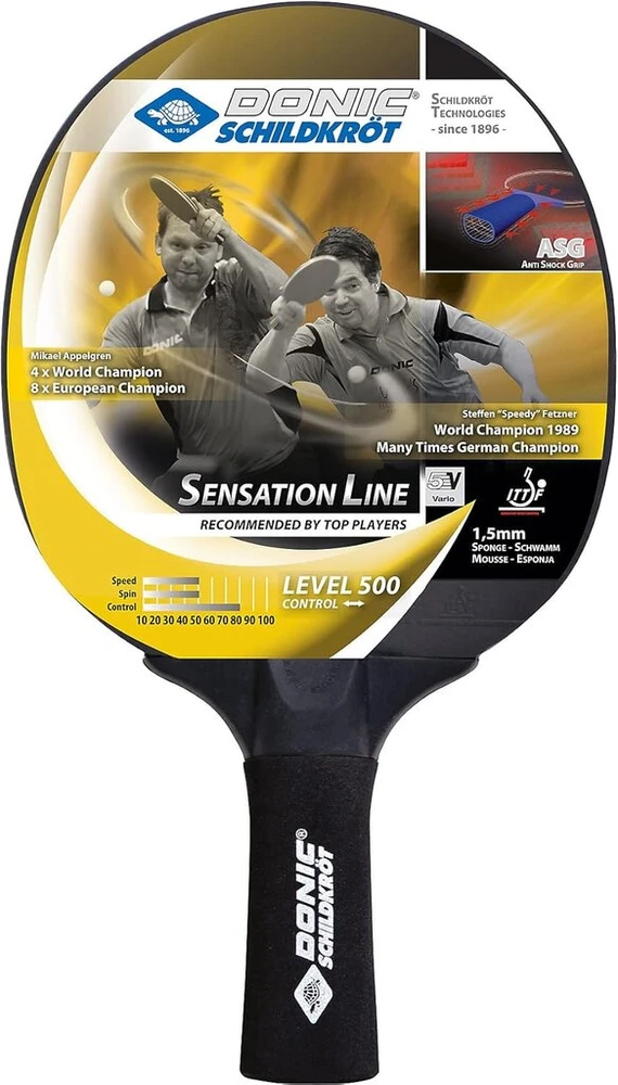 Donic-schildkröt Sensation Line 500 stalo teniso raketė, Asg rankena, 1,5 mm kempinė, Elite Ittf danga, 714402