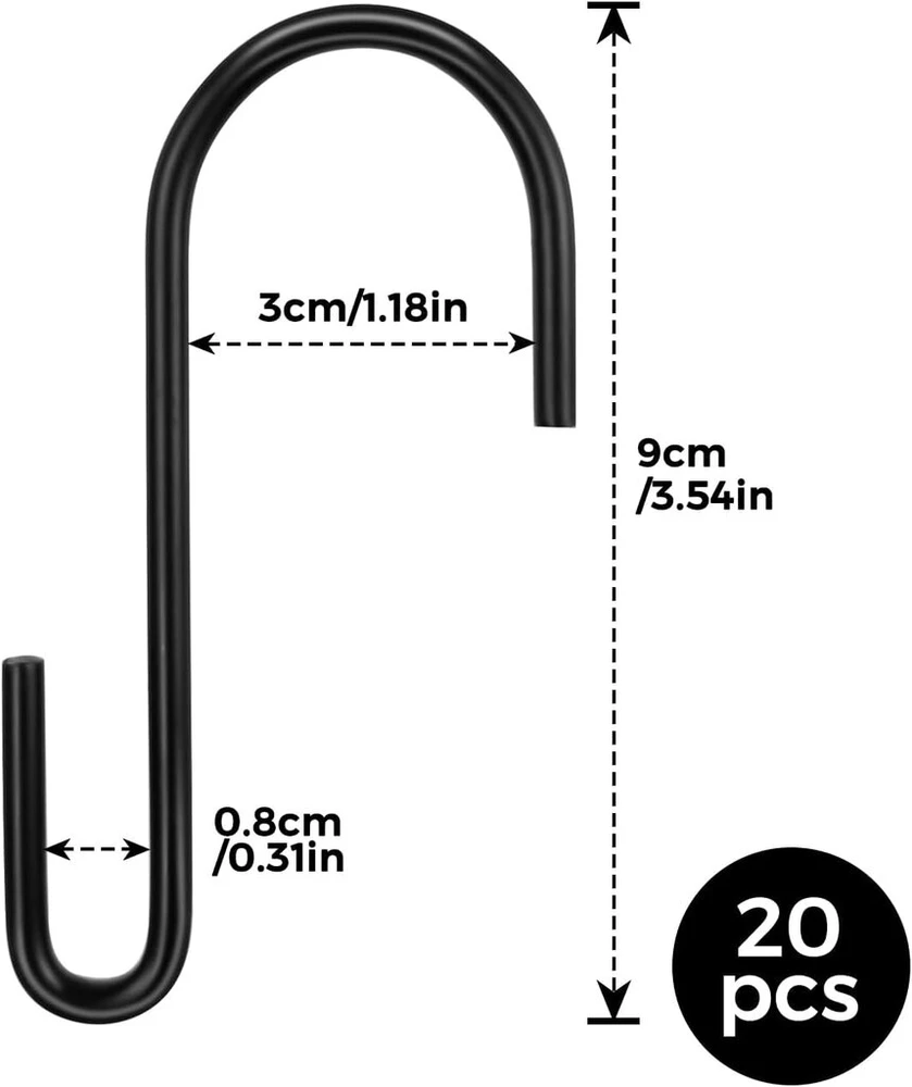 Donql S formos kabliukai, 20 vnt., 9 cm nerūdijančio plieno kabliukai pakabinimui, S kabliukai, mažos apkrovos kabliukai, dvigubi kabliukai, pakabinami kabliukai, kabliukai spintai, virtuvės kabliukai, drabužių kabykla (juodi)