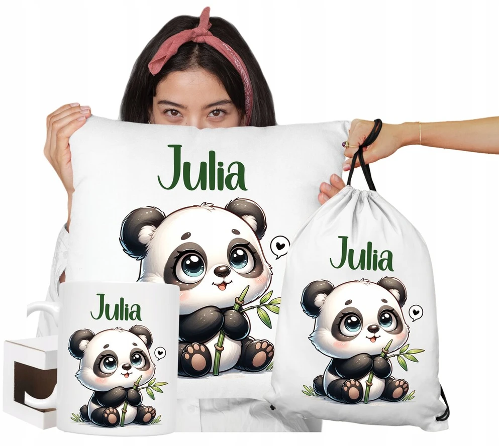 Dovanų rinkinys: puodelis, pagalvė ir maišelis su panda