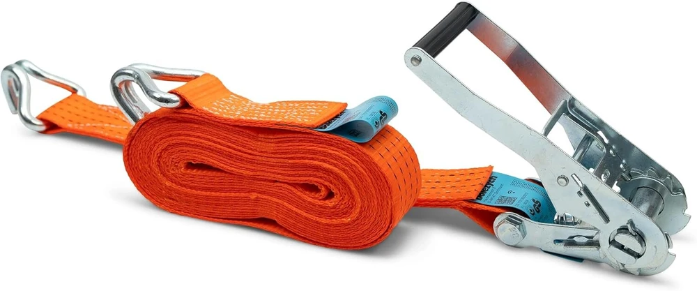 Dozurr tvirtinimo diržai su tvirtu terkšle ir profilio kabliu, keliamoji galia iki 2500 kg, 50 mm pločio x 8 m ilgio, oranžiniai, sunkvežimiams ir didelėms priekaboms, 2 vnt.