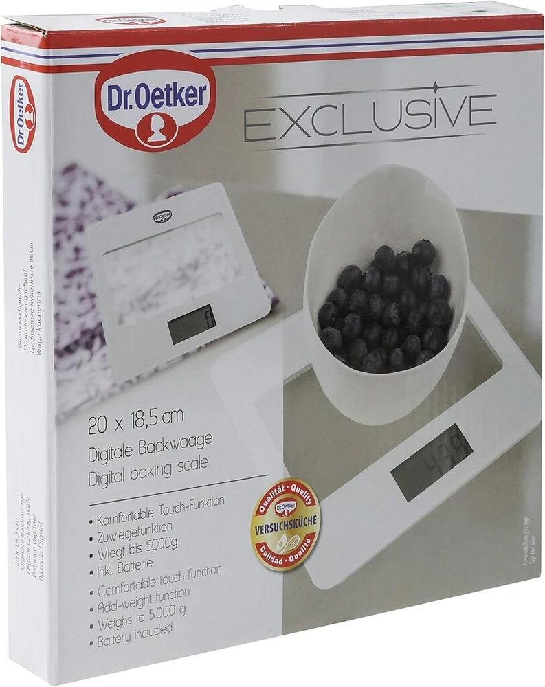 Dr. Oetker Exclusive skaitmeninės kepimo svarstyklės, virtuvinės svarstyklės su dideliu ir lengvai įskaitomu ekranu