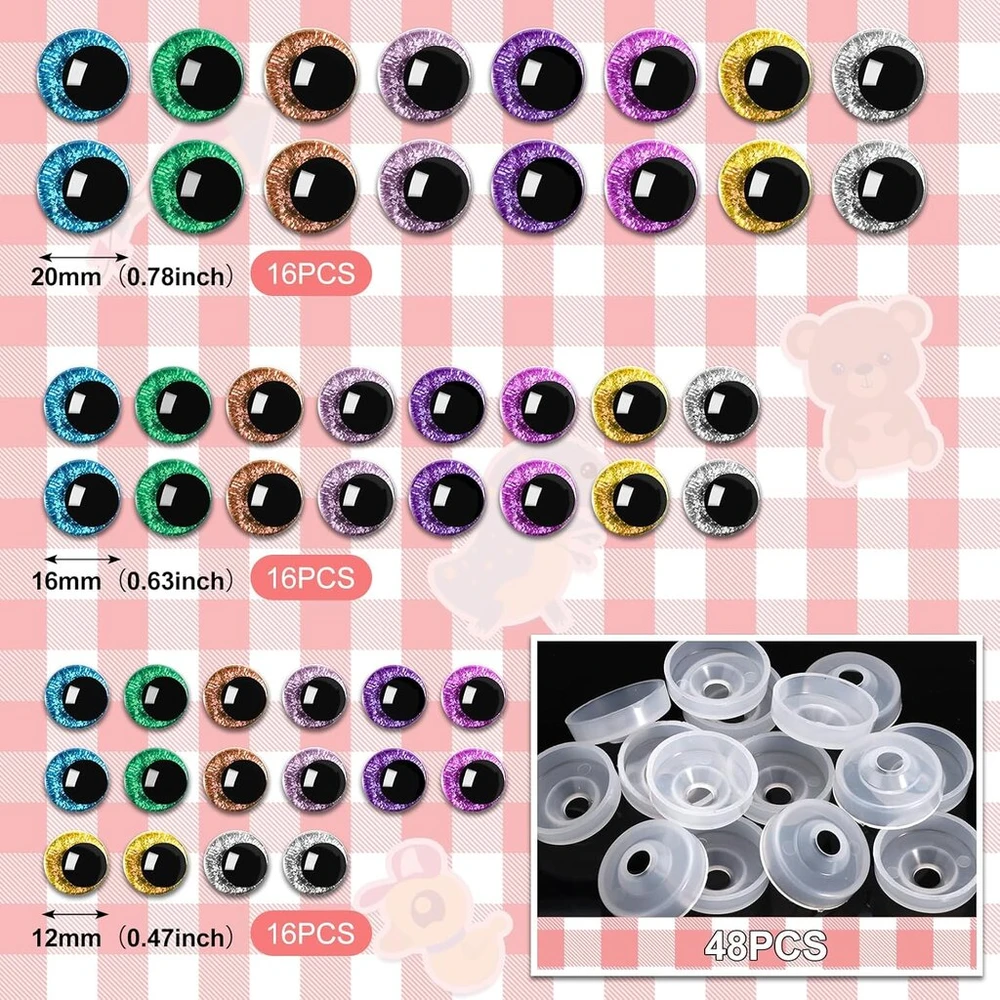 Draupnir rinkinys, 48 vnt., 20 mm/16 mm/12 mm saugos akys nėrimo gyvūnams, plastikinės akys-sagutės, didelės