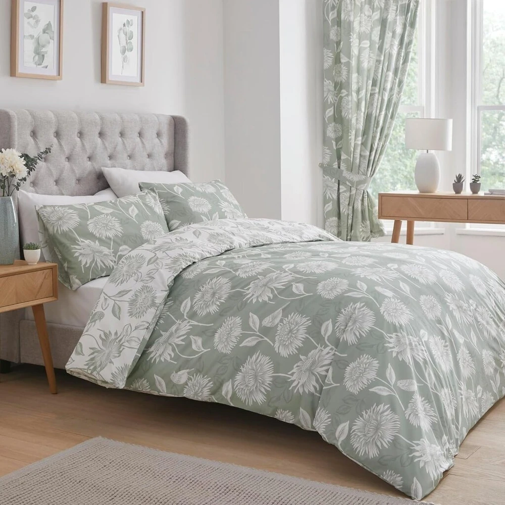 Patalynės komplektas Dreams & Drapes Design - Chrysanthemum - lengvai prižiūrimas antklodės užvalkalų komplektas - vienvietis, žalios spalvos