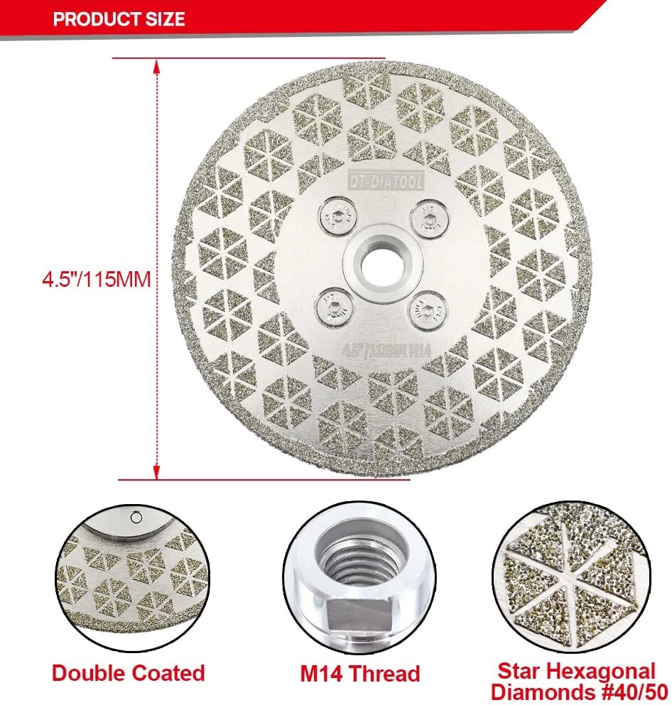 Dt-diatool deimantinis pjovimo ir šlifavimo diskas 115 mm x m14 sriegio flanšas dvipusis galvanizuotas deimantinis diskas granitui, marmurui, natūralaus akmens plytelėms