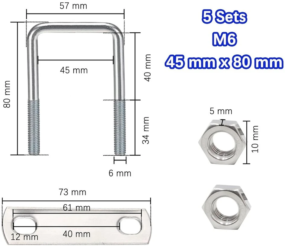 Duoyif U formos varžtas M6 5 vnt. 45 mm x 80 mm U formos kvadratinis varžtas, U formos laikiklis, U formos nerūdijančio plieno varžtai su veržlės rėmo plokšte, U formos varžtas vamzdžių tvirtinimui automobilių vilkimui (m6 45 x 80 mm)