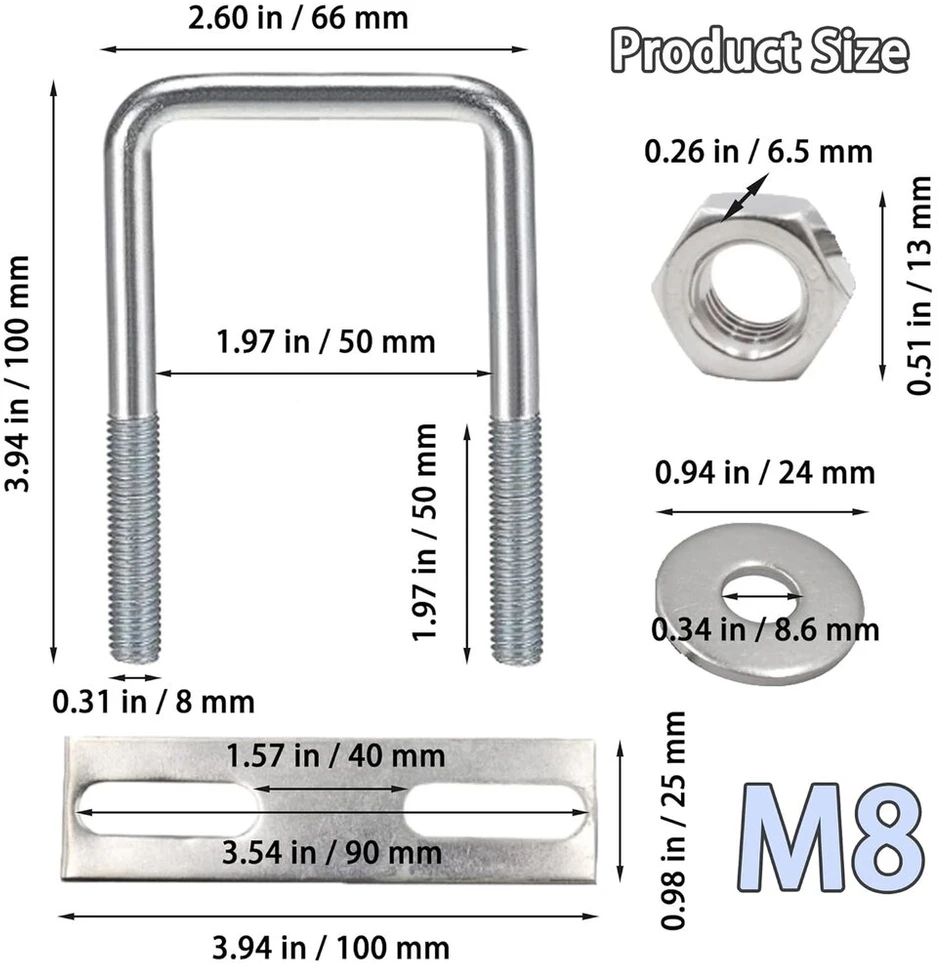 Duoyif u formos varžtas u-bolt 100 x 50 mm kvadratiniai varžtai u, m8 nerūdijančio plieno varžtai su veržle ir poveržle, u laikiklis automobilių vilkimui, laivų vamzdynų remontui, 2 vnt.