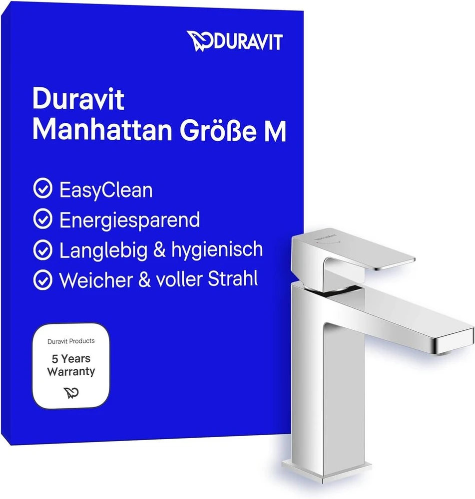 Duravit Manhattan vandens taupymo maišytuvas praustuvui, dydis M (snapelio aukštis 116 mm), energiją taupantis maišytuvas praustuvui (freshstart), vonios kambario maišytuvas, chromas