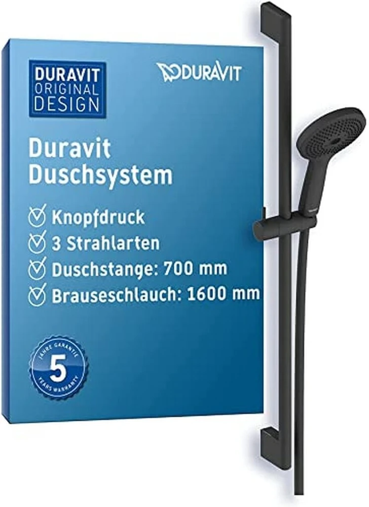 Duravit Universal dušo sistema, dušo komplektas su 3 srovės tipais (rain, Pulse, Mono), dušo stovas (700 mm) su reguliuojamo aukščio rankiniu dušu, dušo žarna su apsauga nuo susisukimo, matinė juoda