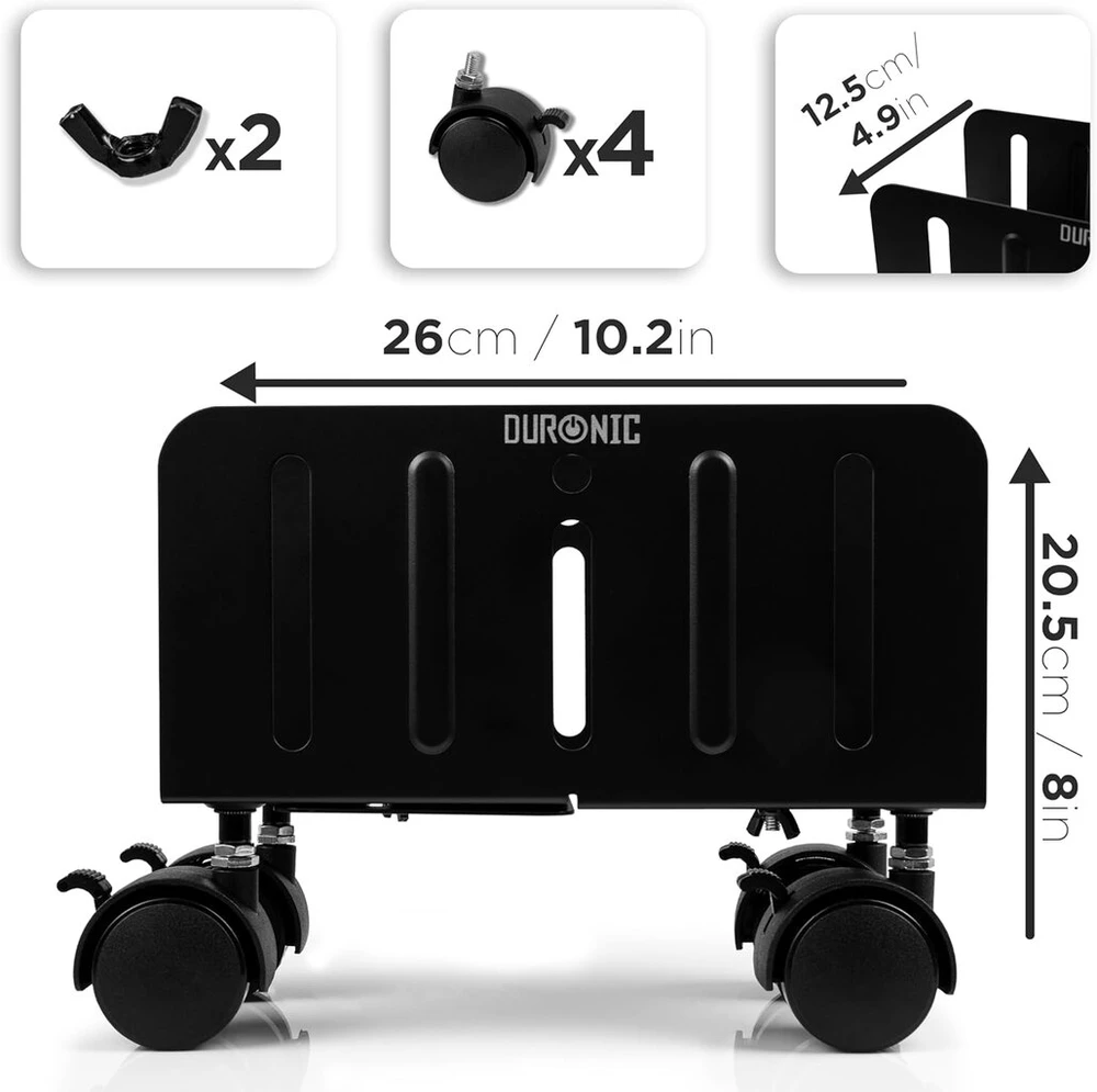 Duronic Dmhd2 pc laikiklis | mobilus pc laikiklis | korpuso laikiklis itx, midi, big tower iki 21 cm pločio | riedanti platforma kompiuterio bokštui po stalu | kompiuteriams iki 15 kg | geresnė ventiliacija