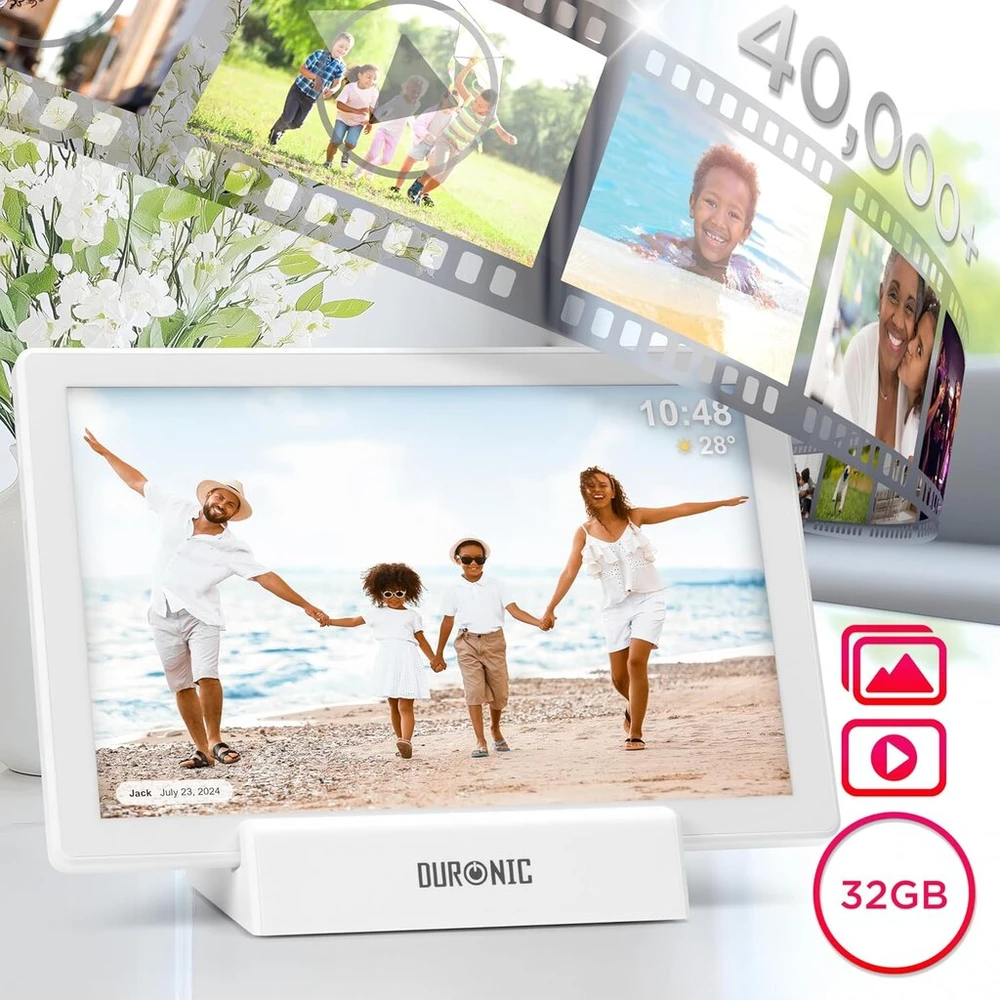 Duronic Pf1d We Skaitmeninis nuotraukų rėmelis, Frameo Wifi nuotraukų rėmelis su 32 Gb atmintimi, baltas nuotraukų rėmelis su doko stotele, 10 colių ekranas ir 800 x 1280 Ips raiška, vertikalus ir horizontalus