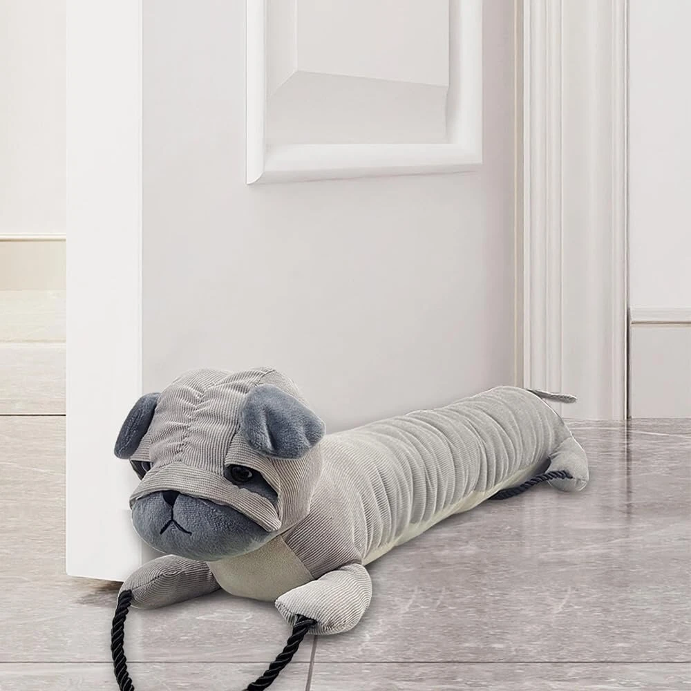 Durų tarpų užpildas, 90 cm, durų tarpų užpildas gyvūnas, tarpų užpildas langui, priekinėms durims, durų sandariklis, durų kilimėlis, vėjo stabdis durims, ypač sunkus ilgas su pakabinimo kilpomis, pilkas šuo