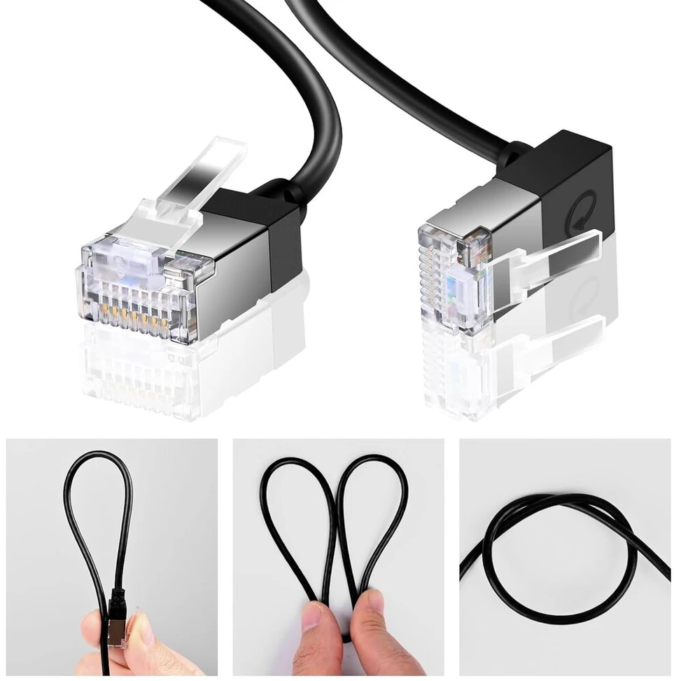 Dutevolns Itin plonas Cat 6 ethernet kabelis 90° žemyn kampu 1 m, lankstus plonas rj45 cat 6a lan kabelis gigabitinis, skirtas pc, maršrutizatoriui, ps4/5, (juodas)