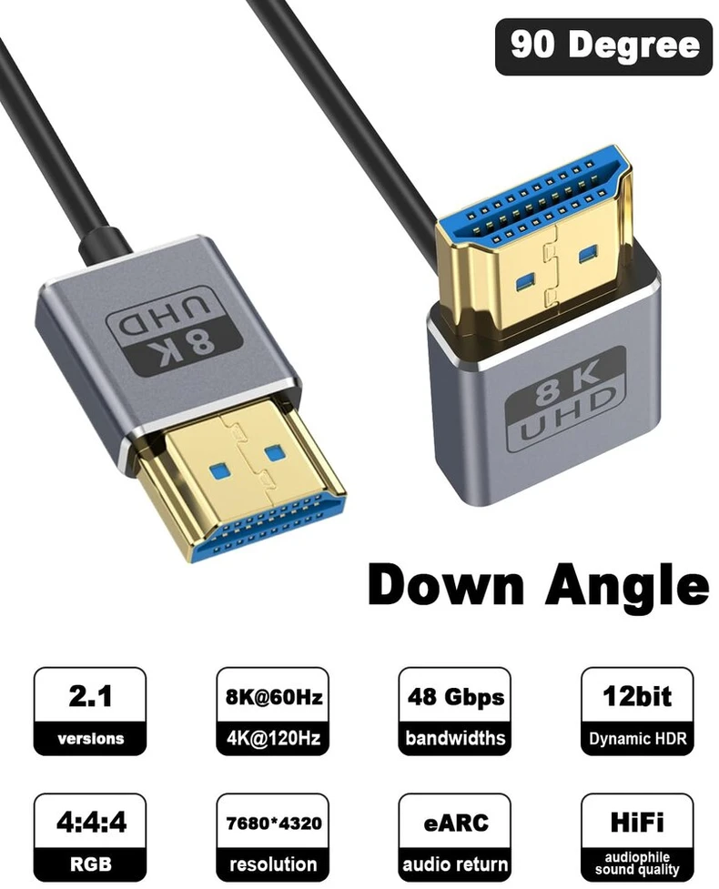 Duttek 8k Hdmi 2.1 kabelis 30 cm, žemyn nukreiptas kampinis Hdmi jungtis į jungtį, 48 Gbps Hdmi kabelis Od2.5 mm, palaiko 8k @ 60hz, 4k @ 240hz, dinaminį Hdr, Earc, skirtas Gh5s, Ps5, XBOX One monitoriui, Pc.