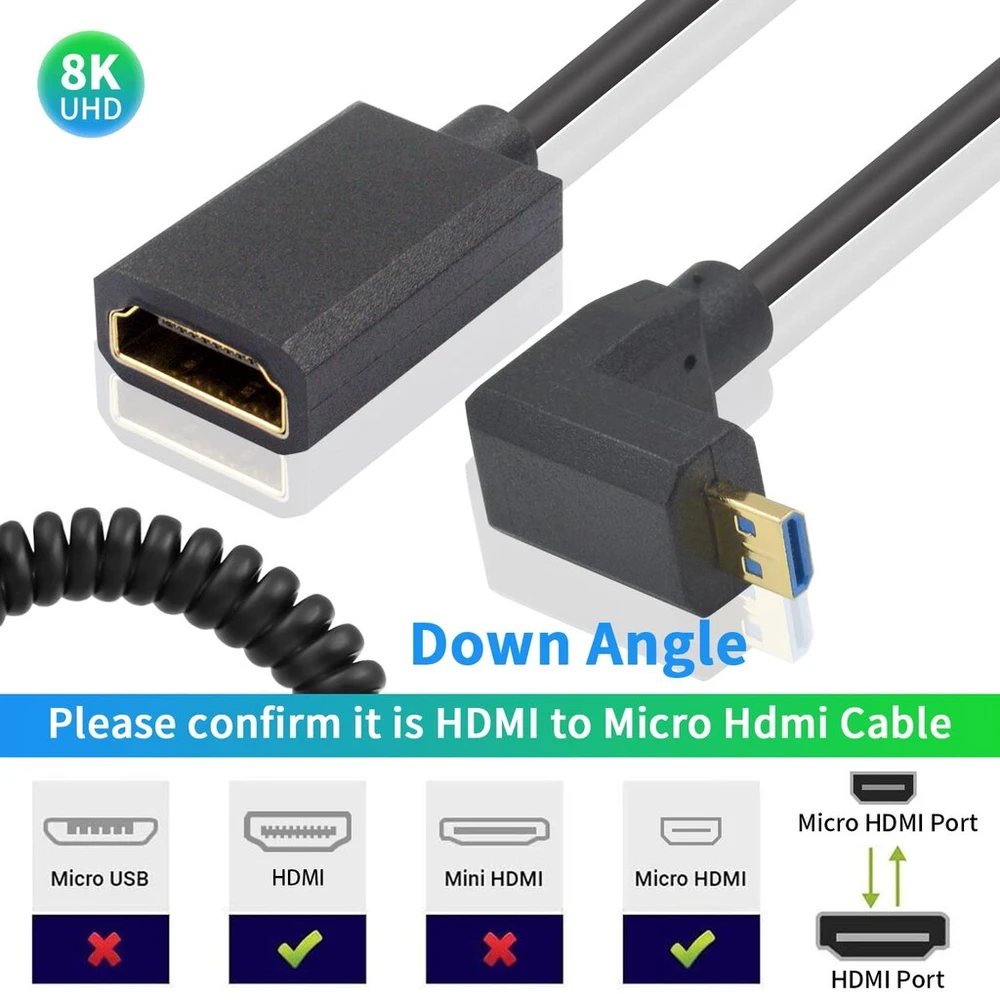 Duttek mikro hdmi į hdmi spiralinis kabelis 2.1, 1.2 m, hdmi 2.1 itin didelės spartos 48 gbps, palaiko 8k @ 60hz, 4k @ 120 hz, tinka nešiojamam kompiuteriui / mobiliajam telefonui / planšetiniam kompiuteriui / projektoriui hdmi jungtis (žemyn)