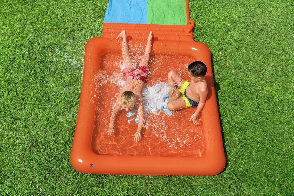 Dviguba vandens čiuožykla Super Splash Bestway trasa 531cm baseinėlis 129l dušas
