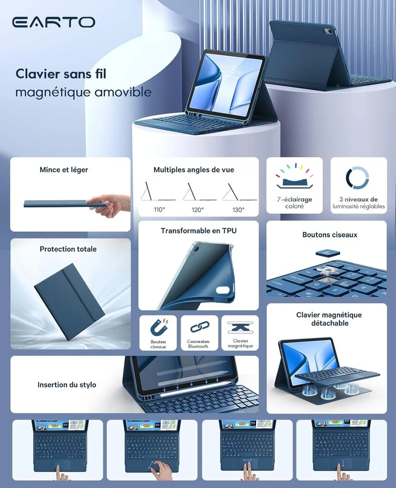 Earto Ipad 11 A16 (2025) / 10th Generation 2022 klaviatūra Ipad 10th Generation su jutikliniu kilimėliu, apšviesta 7 spalvų įkraunama Azerty klaviatūra tamsiai mėlyna