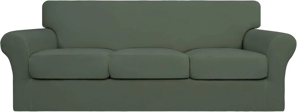 Easy-going 4 dalių tampri minkšta sofos užvalkalų rinkinys šunims - skalbiamas sofos užvalkalas 3 atskiroms sofos pagalvėlėms - elastingas baldų apsaugos užvalkalas naminiams gyvūnams, vaikams (sofa, pilkai žalia)