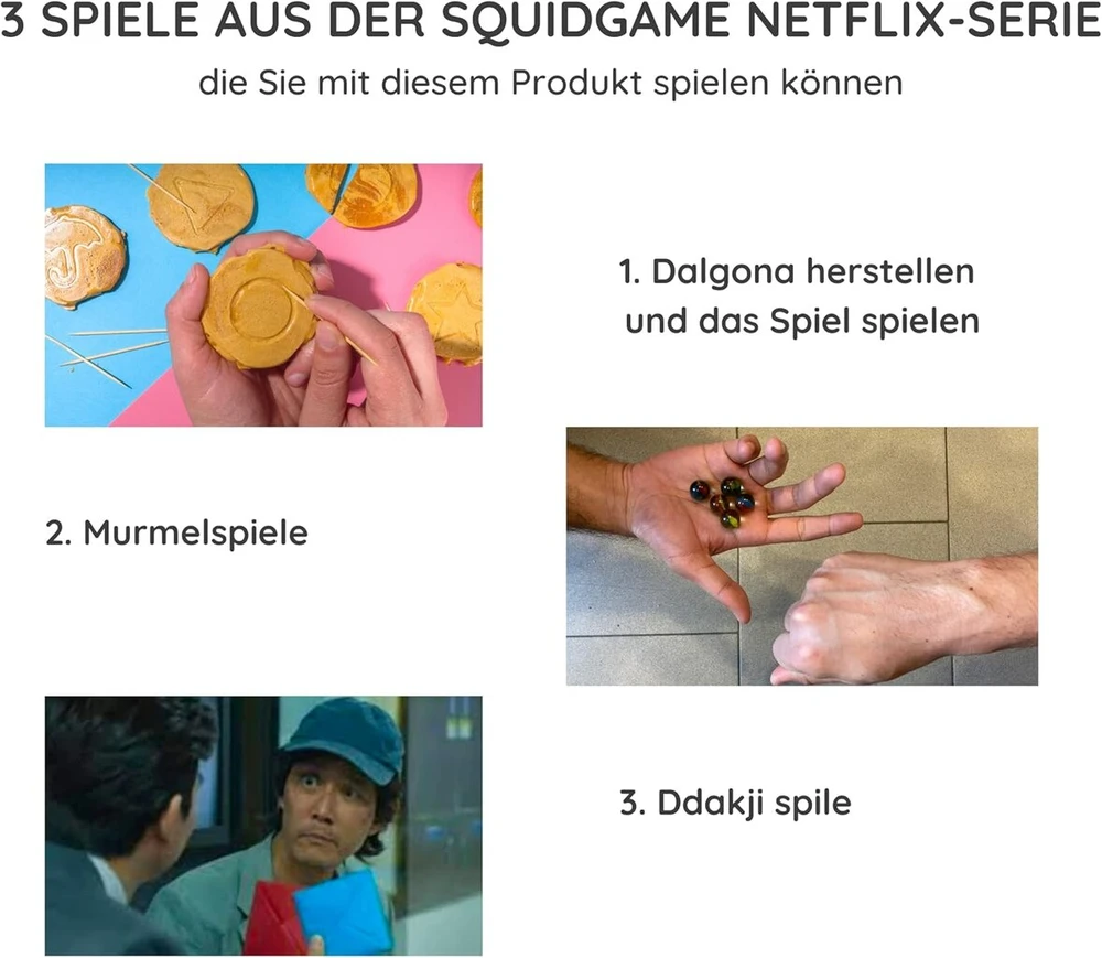 Easycookasia Korea Game Box I Diy Dalgona rinkinys su 3 nostalgiškais korėjietiškais žaidimais ir instrukcijomis