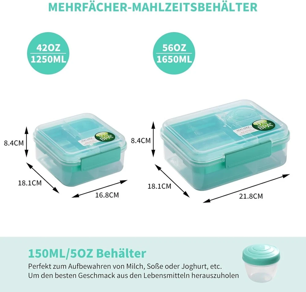 Easylock pietų dėžutė su skyreliais 1650 ml bento dėžutė pietų dėžutė suaugusiems stačiakampė pietų dėžutė salotų dėžutė su 150 ml padažo dėžute sviesto pietų dėžutė nepralaidi mokyklai, biurui, iškylai (balta)