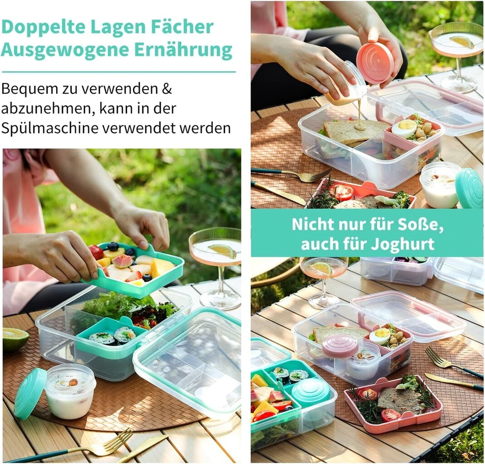 Easylock pietų dėžutė su skyreliais 1650 ml bento dėžutė pietų dėžutė suaugusiems stačiakampė pietų dėžutė salotų dėžutė su 150 ml padažo dėžute sviesto pietų dėžutė nepralaidi mokyklai, biurui, iškylai (balta)