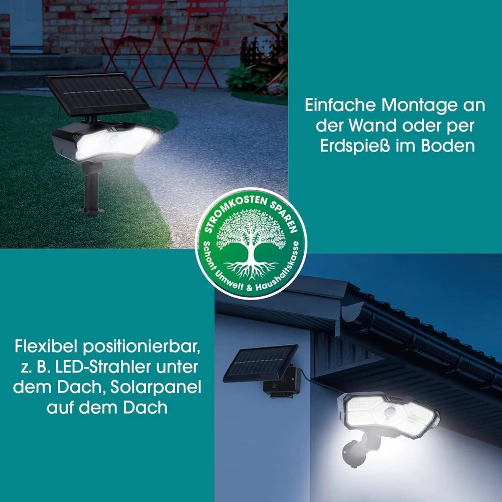 Easymaxx led saulės prožektorius, skirtas naudoti lauke su judesio davikliu | saulės šviestuvas | lanksčiai pozicionuojamas | 3 reguliuojami režimai | įskaitant nuotolinio valdymo pultą [juodas]