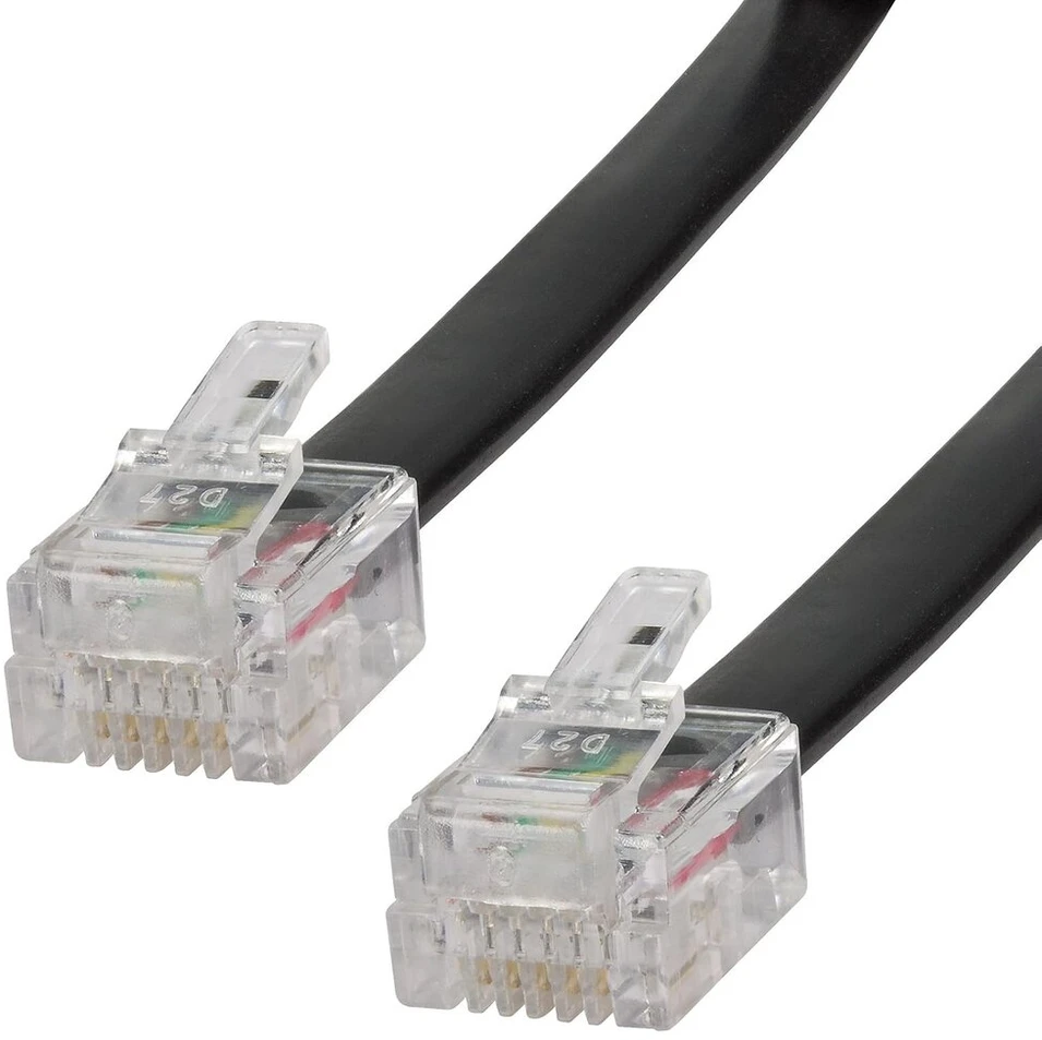 Ecabo 10093 10m modulinis telefono kabelis - 2x rj12 kištukai - jungiamasis kabelis - western kištukas - 6 gyslų / 6p6c / 1:1 - plokščias kabelis telefonui, isdn, atsakikliui, faksui, modemui - juodas