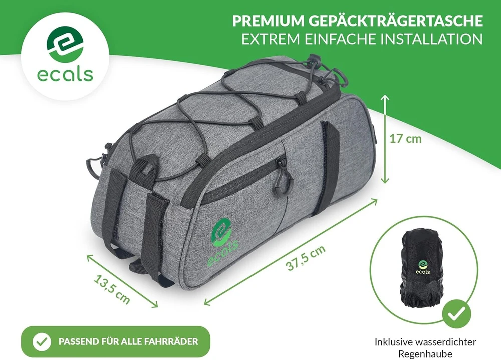 Ecals 2-in-1 bagažinės krepšys (10 l) – dviračio krepšys bagažinei – atsparus vandeniui ir atspindintis – dviračio krepšys su apsauga nuo lietaus ir nešimo dirželiu