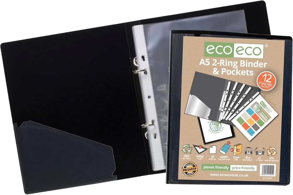 Eco-eco 4 x juodas A5 65% perdirbtas segtuvas su 12 perforuotų kišenių eco045x4