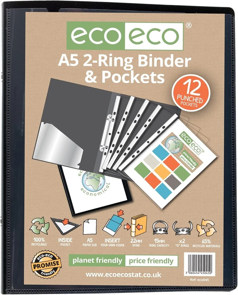 Eco-eco 4 x juodas A5 65% perdirbtas segtuvas su 12 perforuotų kišenių eco045x4