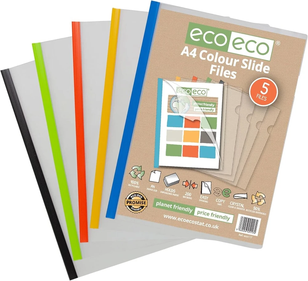 Eco-eco A4 50% perdirbtų kišeninių segtuvų 5 Easy Slide, spalvoti spaustukai, projekto ataskaita eco117, 5 vnt.
