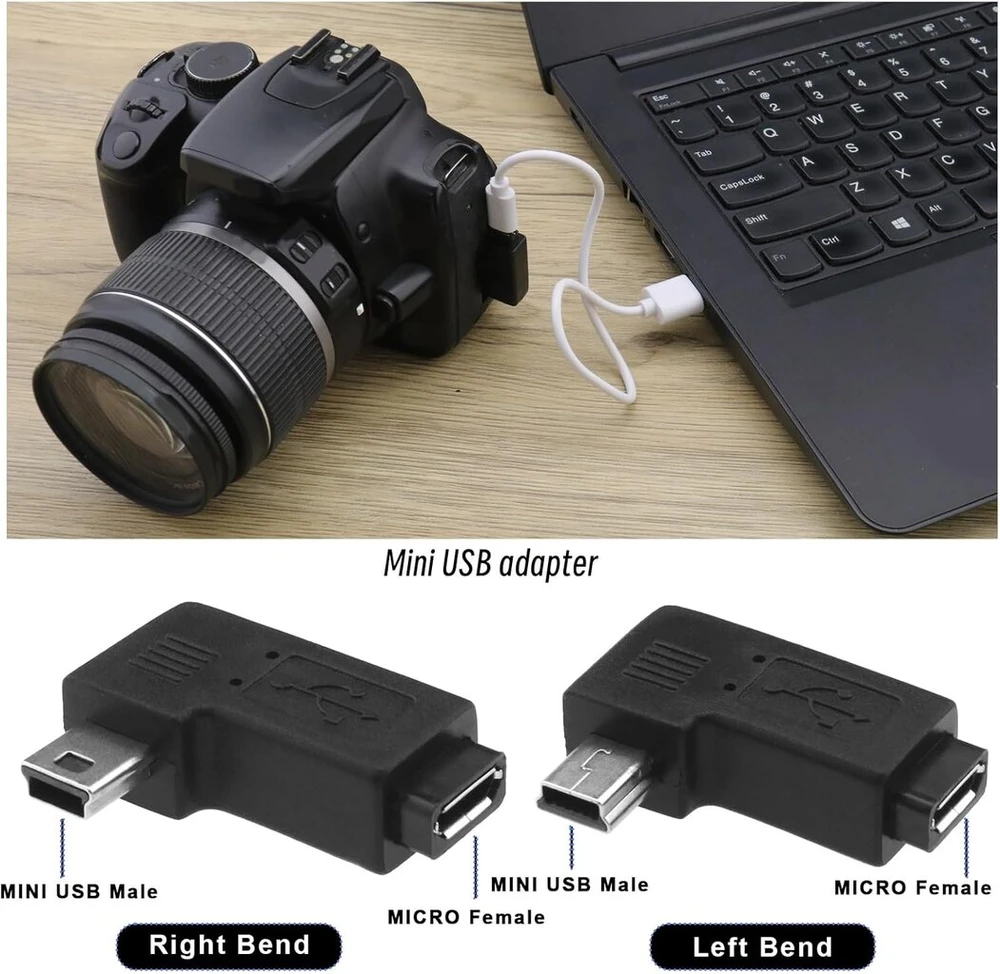 Ecsing 2 mini usb 5 kontaktų kištukų į micro usb lizdą adapterių pakuotė, 90 laipsnių kairės dešinės kampu įkraunamas ir duomenų perdavimo kištuko keitiklio adapteris