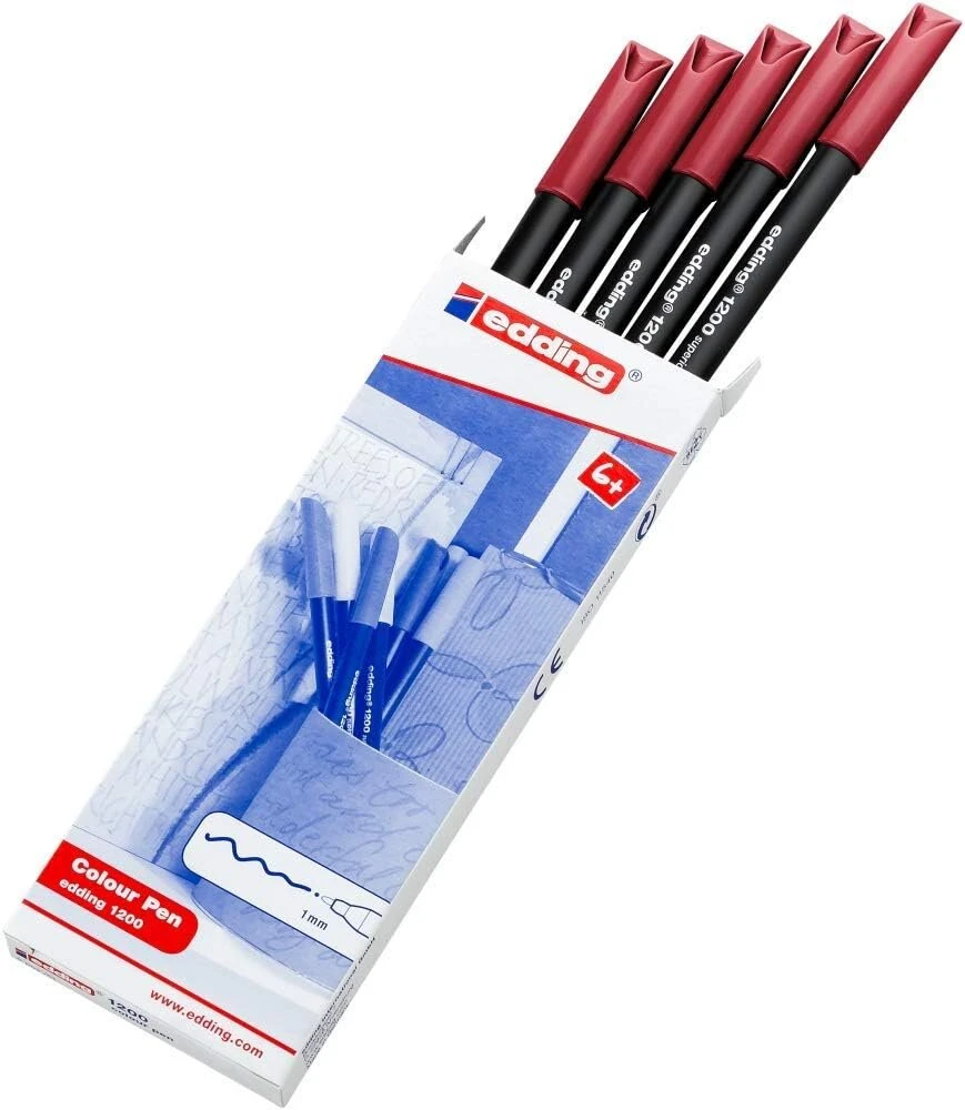 Edding e-1200 rinkinys, 5 flomasteriai su apvaliais galiukais, 0,5–1 mm, karmino raudonumo