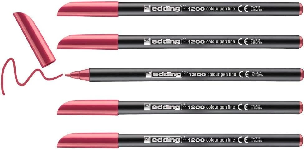 Edding e-1200 rinkinys, 5 flomasteriai su apvaliais galiukais, 0,5–1 mm, karmino raudonumo