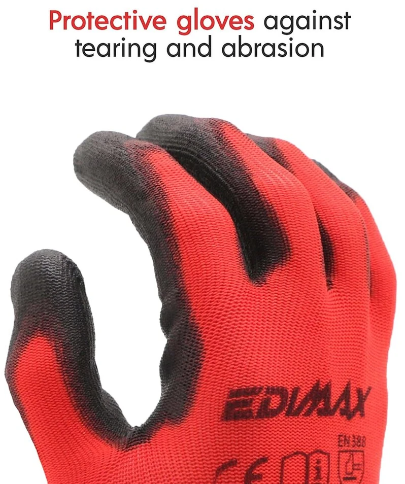 Edimax, darbo pirštinės, 12 porų, didelis atsparumas dilimui ir plyšimui, 3 lygis, padengtos nailono Pu danga, universalios, dydis 8, 9 ir 10, mechanikos, pramoninė apsauga (dydis xl - 10)