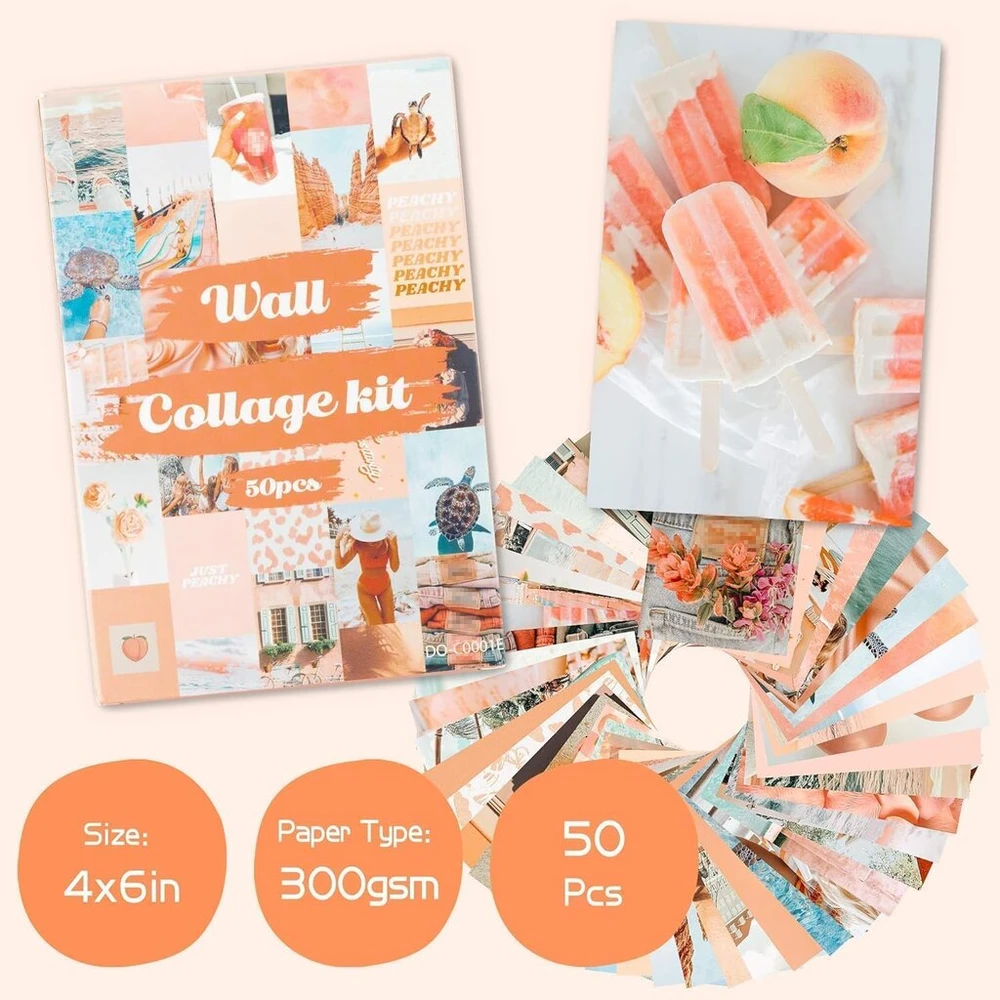 Plakatas Eguangwiua Persikų paplūdimio estetinių paveikslėlių rinkinys sienų koliažui, 50 vnt., 10 x 15 cm, boho stiliaus koliažo spaudinių rinkinys, turkio spalvos kambario dekoracija mergaitėms, sienų meno spaudinys kambariui, bendrabučio nuotrauka