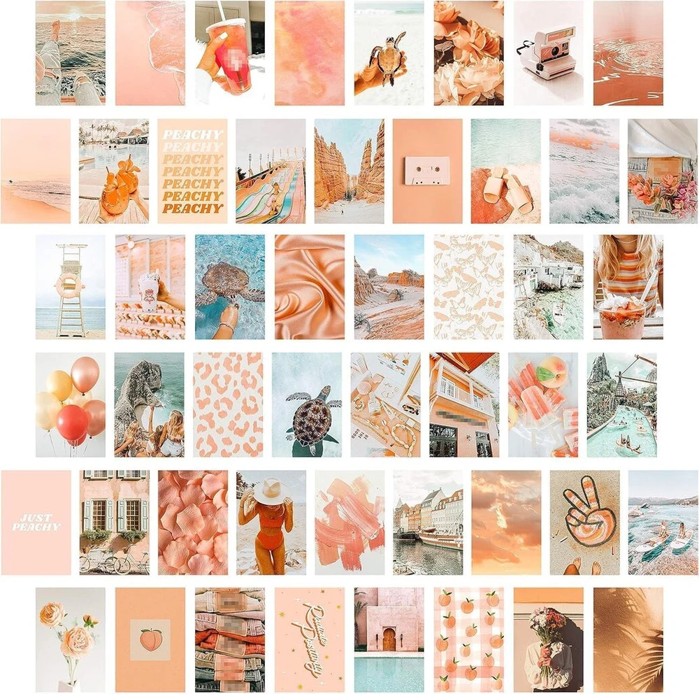 Plakatas Eguangwiua Persikų paplūdimio estetinių paveikslėlių rinkinys sienų koliažui, 50 vnt., 10 x 15 cm, boho stiliaus koliažo spaudinių rinkinys, turkio spalvos kambario dekoracija mergaitėms, sienų meno spaudinys kambariui, bendrabučio nuotrauka