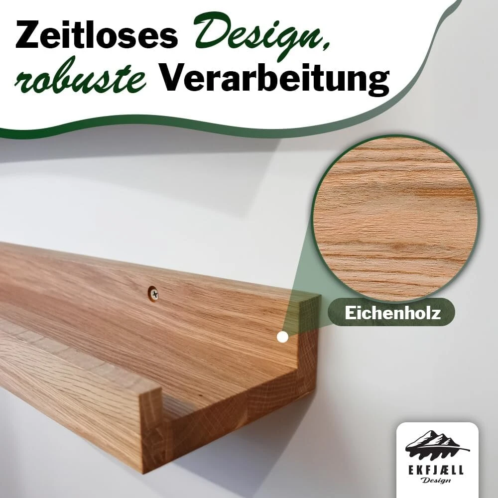 Ekfjaell premium medinė paveikslų lentyna, 60 cm, pagaminta iš aukštos kokybės ąžuolo, 10 cm gylio, ąžuolinė nuotraukų juostelė, ideali nuotraukoms, dekoracijoms ir knygoms svetainėje, virtuvėje, vonioje, miegamajame