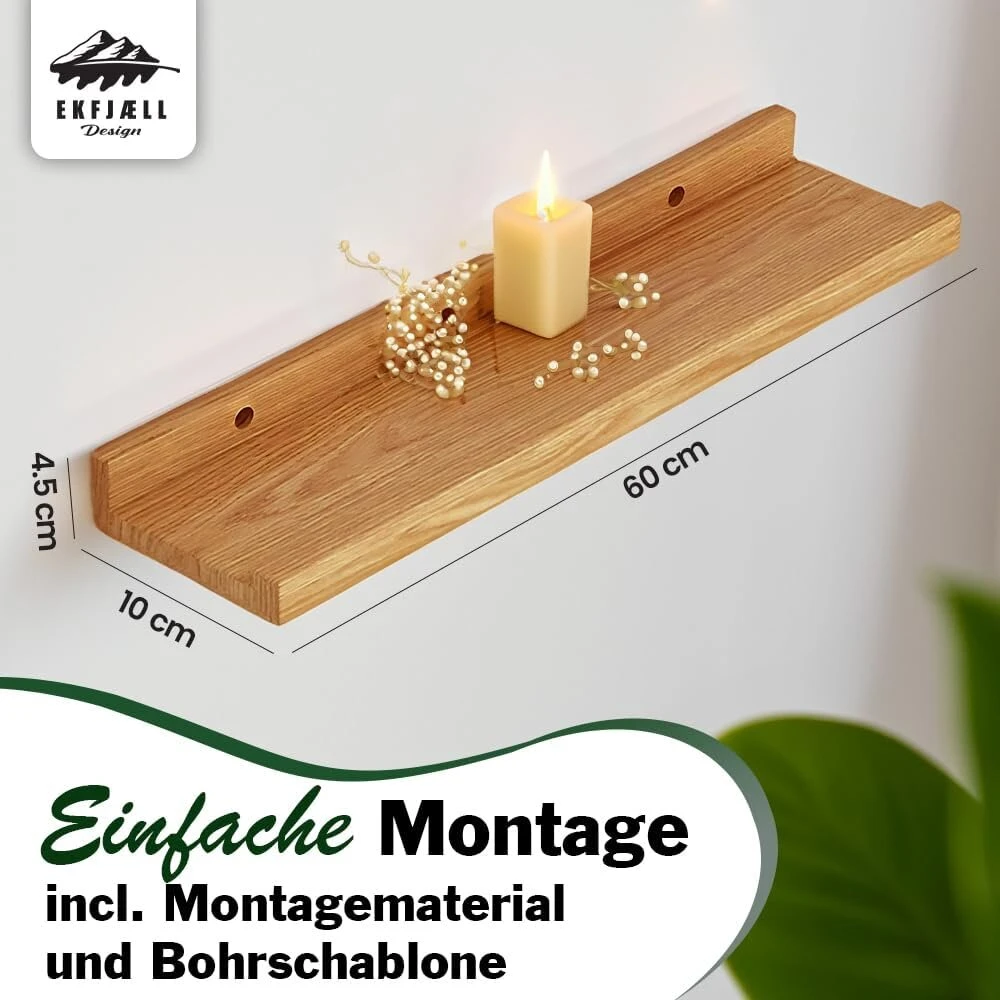 Ekfjaell premium medinė paveikslų lentyna, 60 cm, pagaminta iš aukštos kokybės ąžuolo, 10 cm gylio, ąžuolinė nuotraukų juostelė, ideali nuotraukoms, dekoracijoms ir knygoms svetainėje, virtuvėje, vonioje, miegamajame