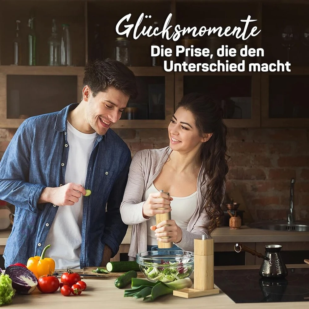 Elbfuchs® druskos ir pipirų malūnėlis medinis didelis nesenstantis 2 dalių rinkinys pipirų ir druskos malūnėlis su keraminiu malūnėliu prieskonių malūnėlis su lėkštute