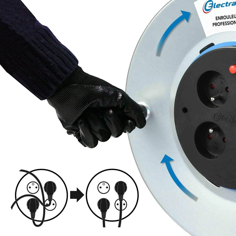 Electraline 208690 50m metalinis ilginimo laidas su 4 lizdais, kabelių valdymu, fiksuota plokšte ir ergonomiška rankena, pilkas