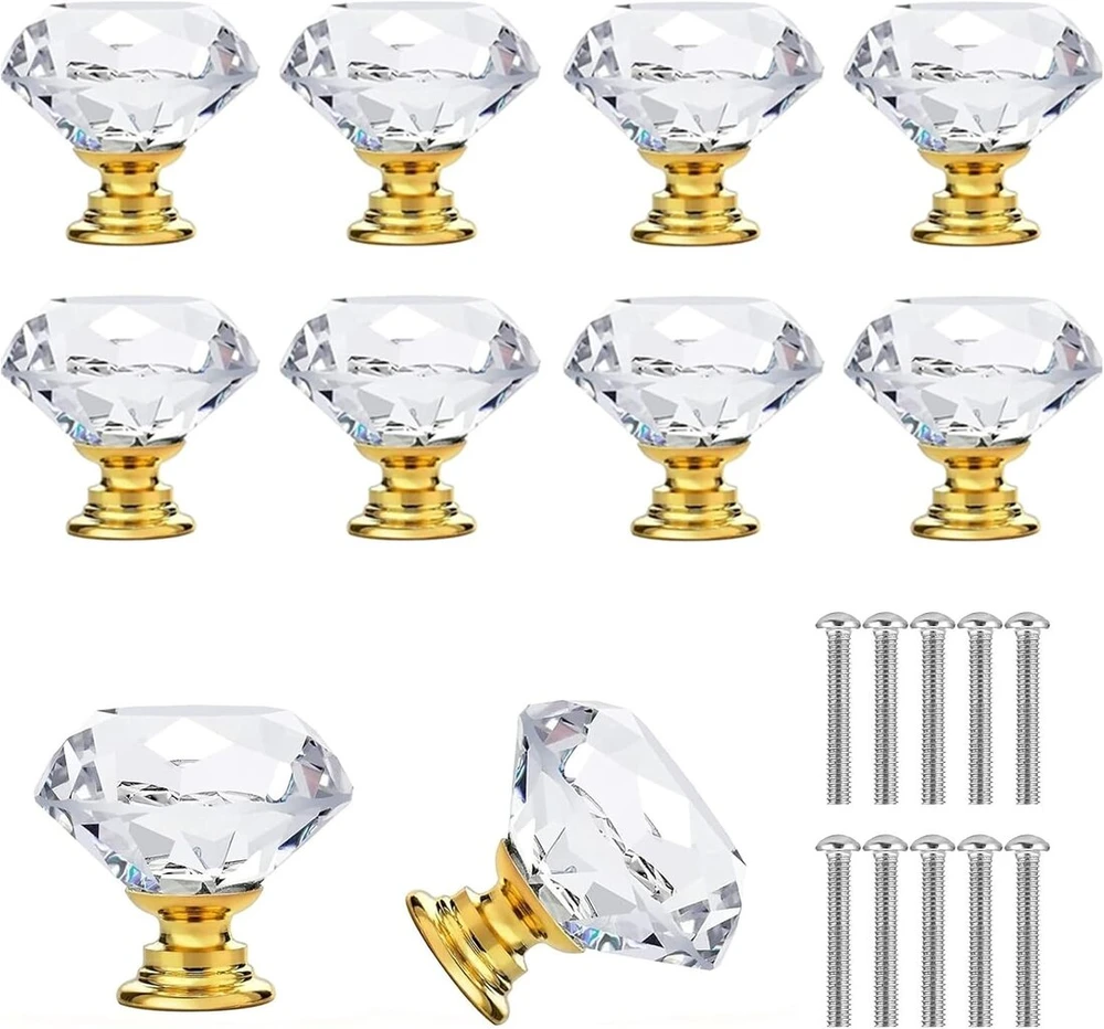 Elegance-go krištolinės stalčių rankenėlės, 10 vnt. krištolo formos durų rankenėlių su varžtais, stalčių rankenėlės, krištolinės baldų rankenėlės, baldų rankenėlės, komodos rankenėlės spintelėms, komodai (30 mm)